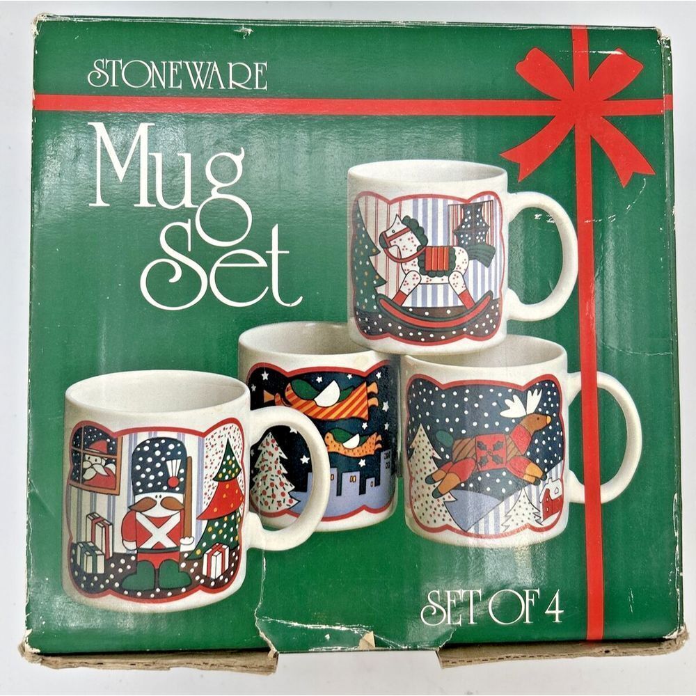VTG Christmas Stoneware Mugs Set of 4 Holiday‎ Cups Coffee Cocoa Tea 3 1/4" Tall